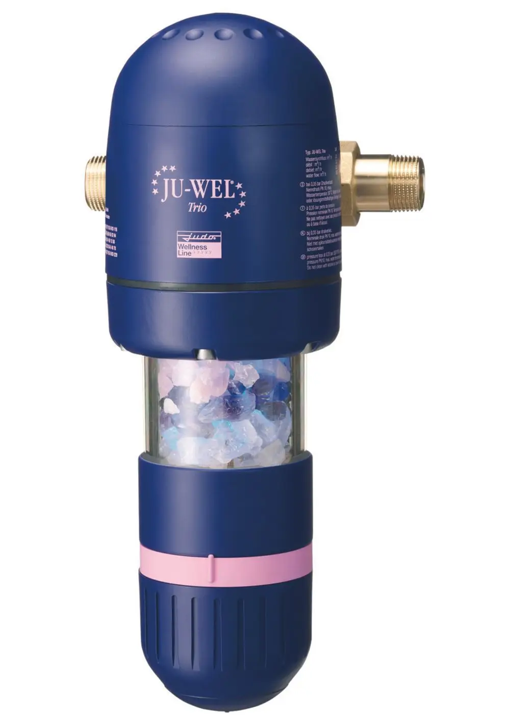 Judo Wasserfilter mit transparentem Behälter, gefüllt mit bunten Edelsteinen. Anschlüsse für Wasserzufuhr sichtbar, kompaktes Design ohne auffällige Markierungen.